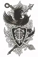 coat of arm with pegasus, an anchor, a burning arrow weapon and a cross. tattoo design idea
