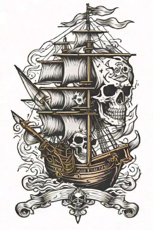 skull pirate ship pirate flag intertwined tattoo design idea