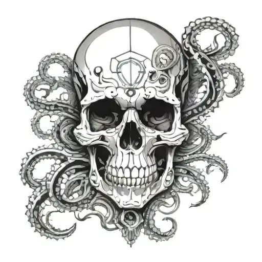 skull withd octopus tentacles emerging tattoo design idea