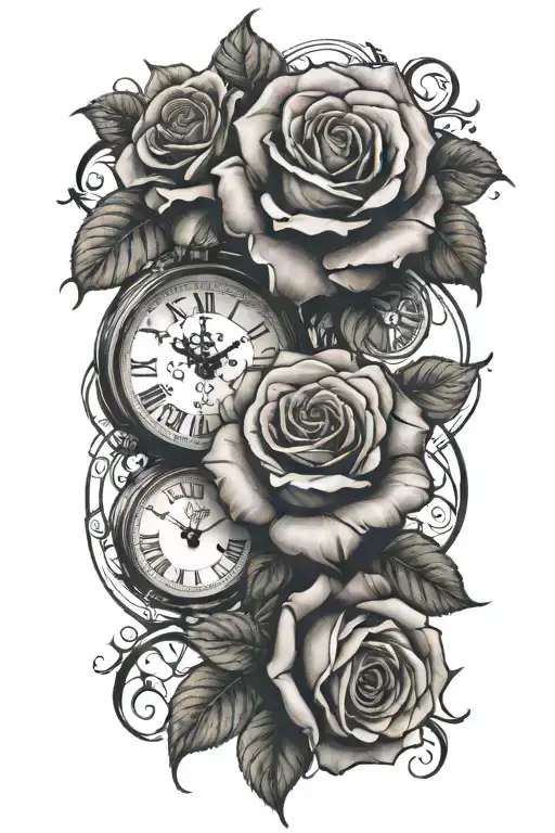 roses and a clock tattoo design idea
