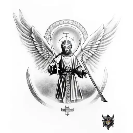 Saint Michael the Archangel kneeling with sword tattoo design idea