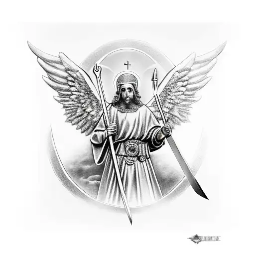Saint Michael the Archangel kneeling with sword tattoo design idea