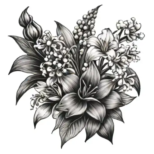 Daisy, daffodil, lily of the valley bouquet tattoo design idea