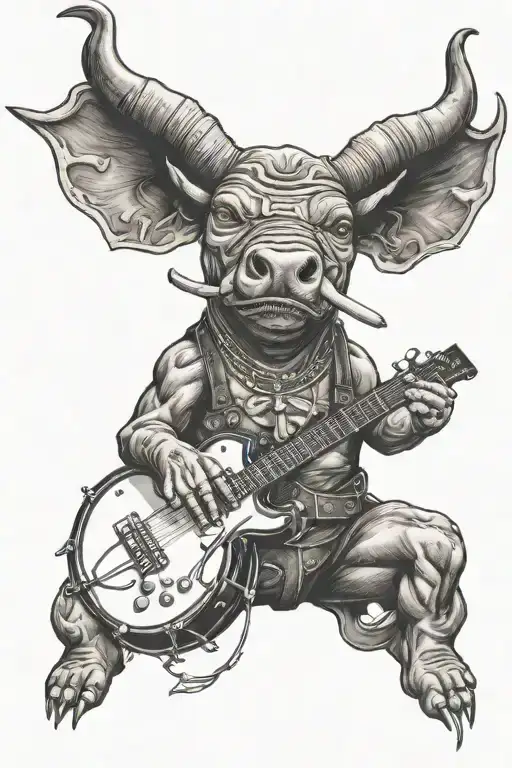 Bull playing on drums electric guitar bass tattoo design idea