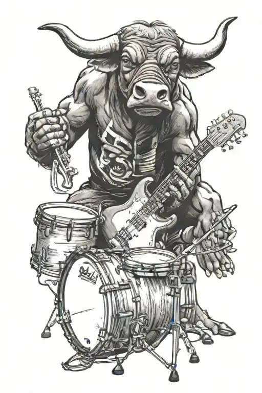 Bull playing on drums electric guitar bass tattoo design idea