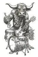 Bull playing on drums electric guitar bass tattoo design idea