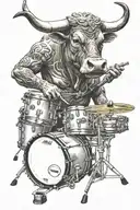 Bull playing on drums electric guitar bass tattoo design idea