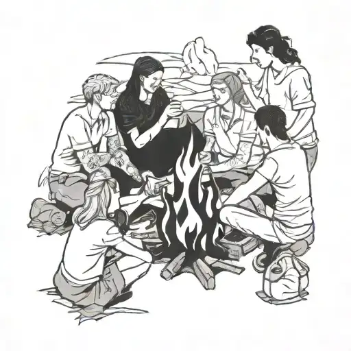 A group of friends gathered around a campfire sharing stories tattoo design idea