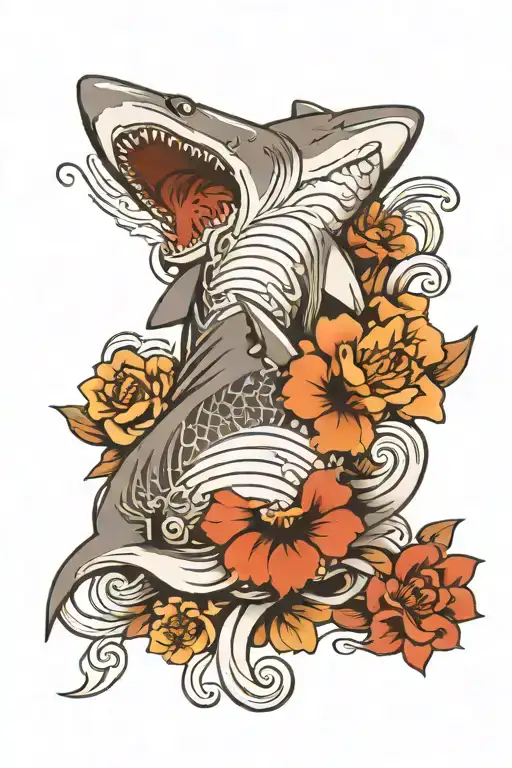 irezumi shark forearm sleeve with waves and flowers tattoo design idea