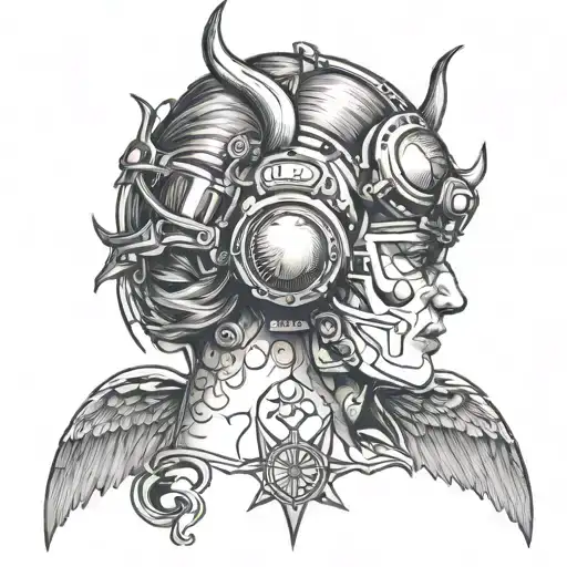 a emt mn with devil horns and angel wings and a eye on his forehead  tattoo design idea