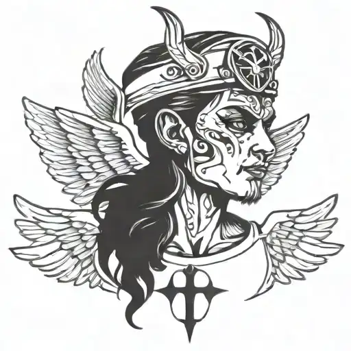 emergency nurse man with third eye and angel wings and devil horns  tattoo design idea