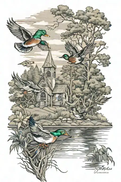 mallards and wooded area with old church  tattoo design idea