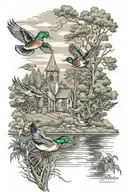 mallards and wooded area with old church  tattoo design idea