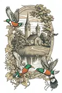 mallards and wooded area with old church  tattoo design idea
