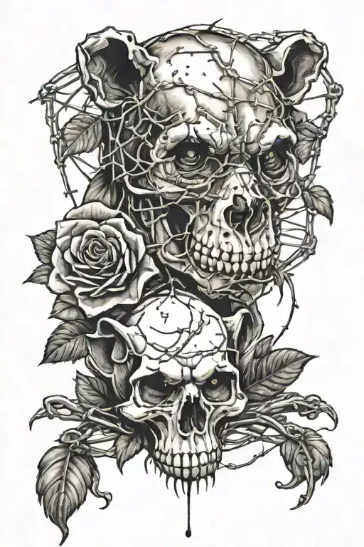 skulls, dead roses, barbed wire and a tasmanian devil  tattoo design idea