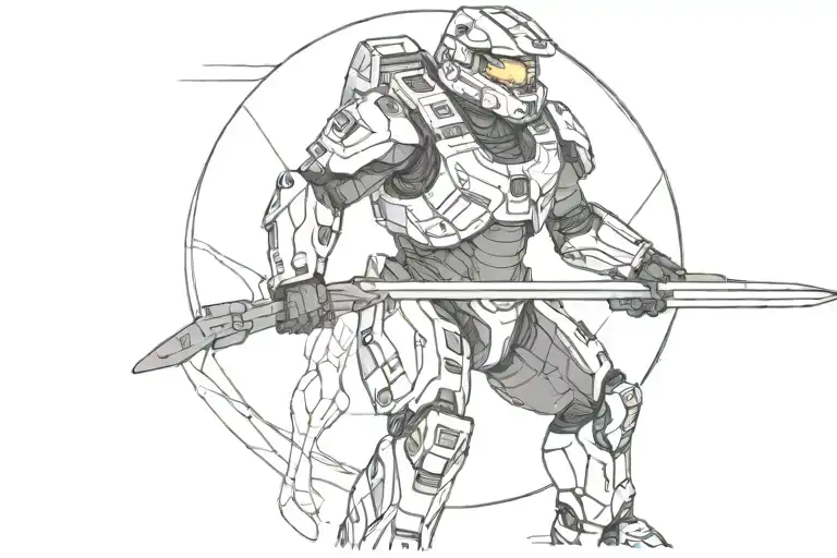 halo master chief with kirito's sword, a doctor holding a lantern tattoo design idea