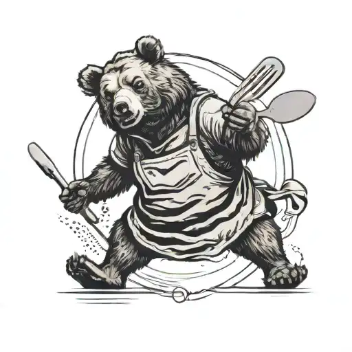 A bear on two legs, wearing an apron that reads "kiss the chef". He is holding a bent spatula.  tattoo design idea