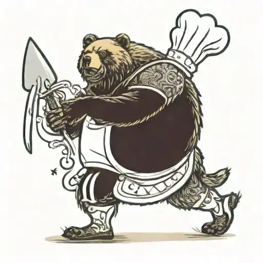 A bear on two legs, wearing an apron that reads "kiss the chef". He is holding a bent spatula.  tattoo design idea