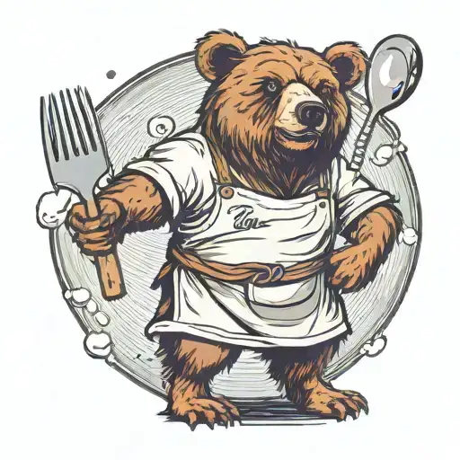 A bear on two legs, wearing an apron that reads "kiss the chef". He is holding a bent spatula.  tattoo design idea