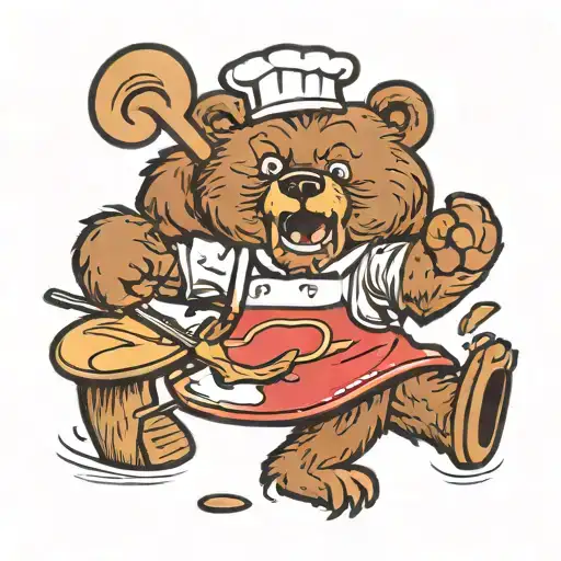 A bear on two legs, wearing an apron that reads "kiss the chef". He is holding a bent spatula.  tattoo design idea