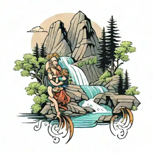 mountains and waterfall mom with 2 kids  tattoo design idea