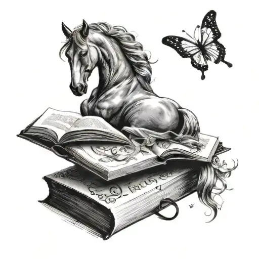 A dreamy tattoo design featuring a sleeping horse surrounded by butterfly wings, with a book resting on its back, in a black-grey style tattoo design idea