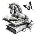 A dreamy tattoo design featuring a sleeping horse surrounded by butterfly wings, with a book resting on its back, in a black-grey style tattoo design idea
