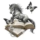 A dreamy tattoo design featuring a sleeping horse surrounded by butterfly wings, with a book resting on its back, in a black-grey style tattoo design idea