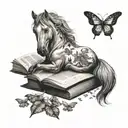 A dreamy tattoo design featuring a sleeping horse surrounded by butterfly wings, with a book resting on its back, in a black-grey style tattoo design idea