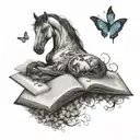 A dreamy tattoo design featuring a sleeping horse surrounded by butterfly wings, with a book resting on its back, in a black-grey style tattoo design idea
