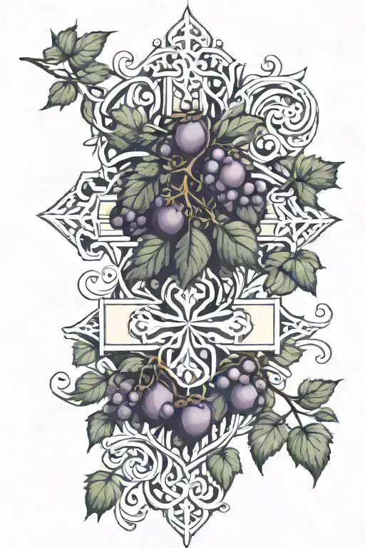 Armenian cross intertwined with grape vine, armenian whitebeam, armenian coat of arms, and pomegranates.  tattoo design idea