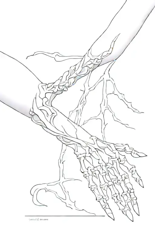 spine tattoo with a skeleton hand reaching tattoo design idea