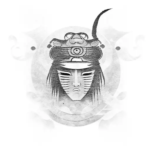 japanese mask with shinto shrine and itachi uchiha eyes tattoo design idea
