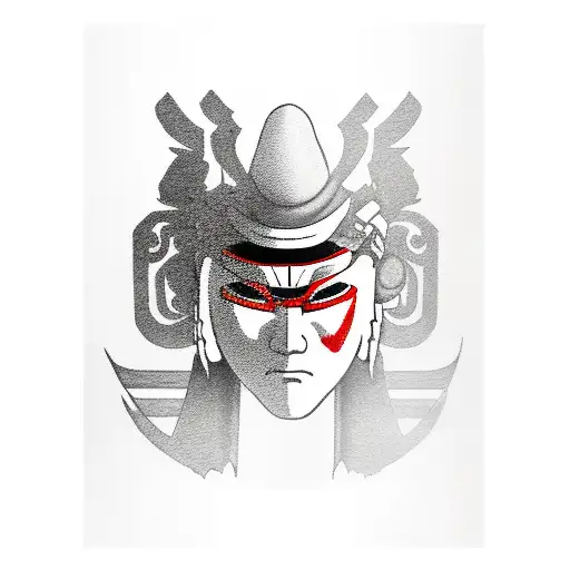 japanese mask with shinto shrine and itachi uchiha eyes tattoo design idea