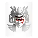 japanese mask with shinto shrine and itachi uchiha eyes tattoo design idea