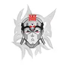 japanese mask with shinto shrine and itachi uchiha eyes tattoo design idea