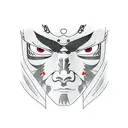 japanese mask with shinto shrine and itachi uchiha eyes tattoo design idea