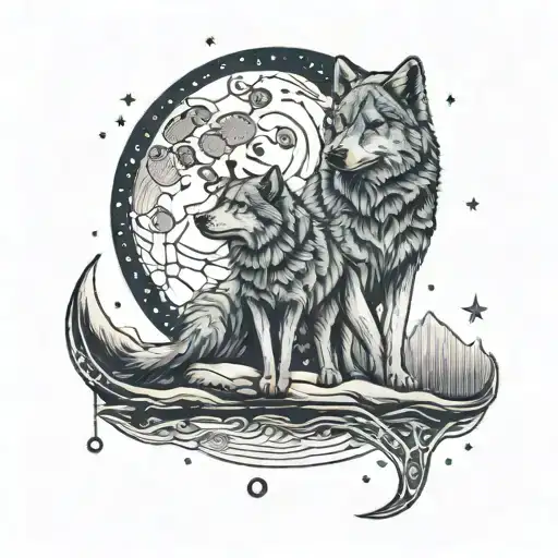 Two small wolves reflected on a river, howling at a blue moon and above the moon the constellation of Libra  tattoo design idea