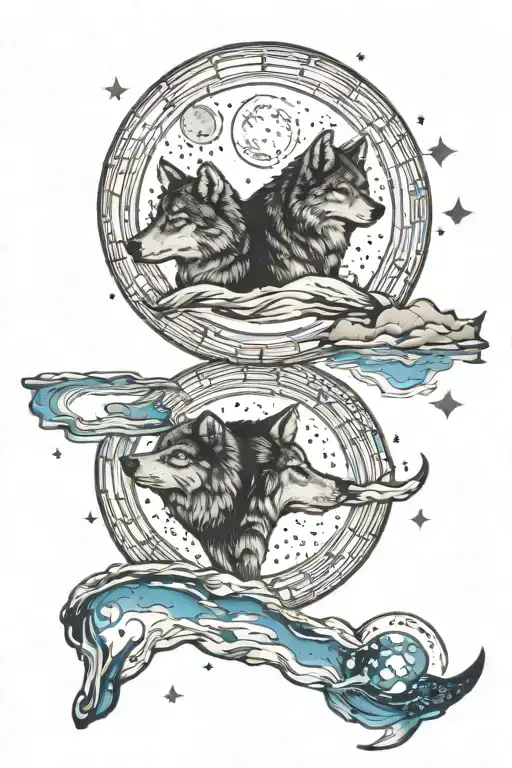 Two small wolves reflected on a river, howling at a blue moon and above the moon the constellation of Libra  tattoo design idea