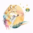 Two small wolves reflected on a river, howling at a blue moon and above the moon the constellation of Libra  tattoo design idea