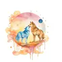 Two small wolves reflected on a river, howling at a blue moon and above the moon the constellation of Libra  tattoo design idea