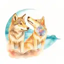 Two small wolves reflected on a river, howling at a blue moon and above the moon the constellation of Libra  tattoo design idea