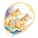 Two small wolves reflected on a river, howling at a blue moon and above the moon the constellation of Libra  tattoo design idea