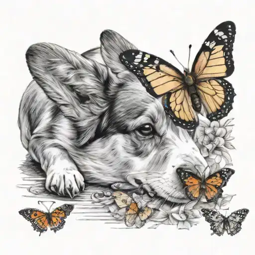 corgi looking at butterfly emerging tattoo design idea