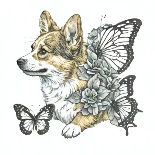corgi looking at butterfly tattoo tattoo design idea