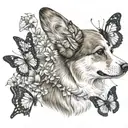 corgi looking at butterfly emerging tattoo design idea