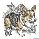 corgi looking at butterfly emerging tattoo design idea