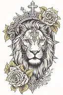 lion head with transparent cross over face and Jesus on the cross behind the lion  tattoo design idea