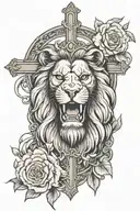 lion head with transparent cross over face and Jesus on the cross behind the lion  tattoo design idea