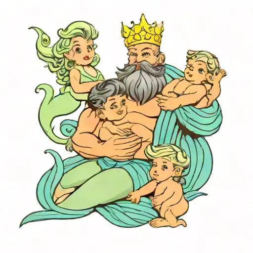 king triton holding baby girl and baby boy sitting tattoo design idea